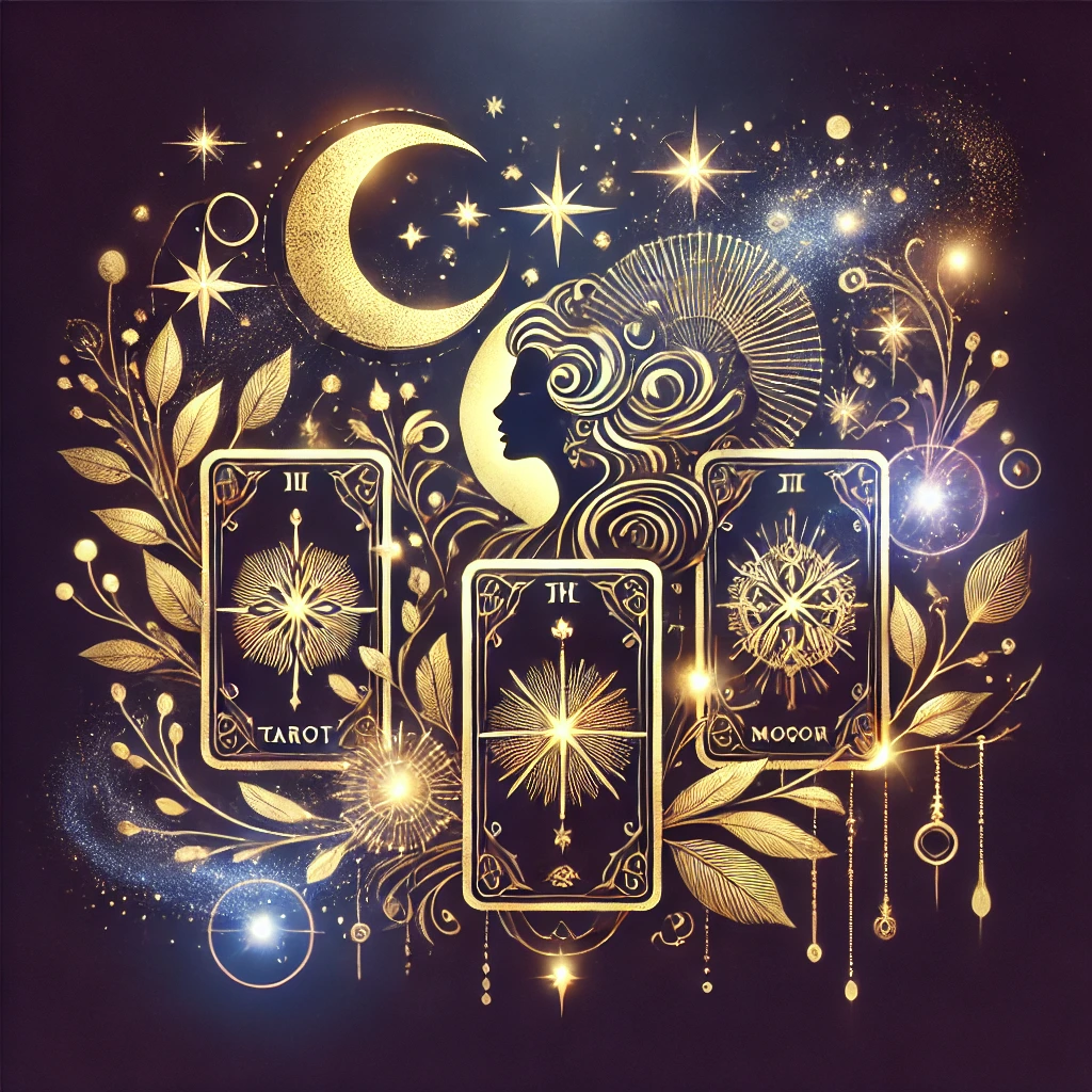 Moonlit tarot cards surrounded by golden foliage, stars, and a crescent moon